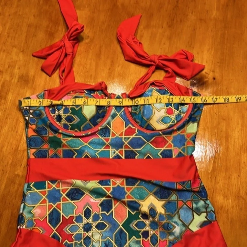 Boho Chic Geometric Mosaic Print Underwire One Piece Swimsuit and Wrap Skirt Set